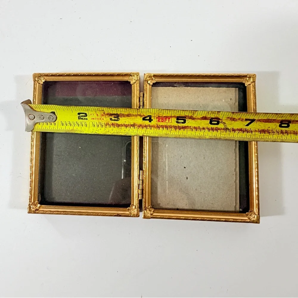 Vtg Victorian Etched Ornate Brass Bi-Fold MCM Photo Picture Frame Velvet Backing